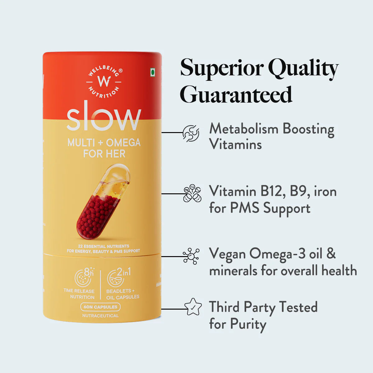 Wellbeing Nutrition Multi + Omega for Her Slow – 22 Essential Nutrients with Vegan Omega-3 & Antioxidants | Hormonal Balance, Energy, Immunity & Skin Health Support | 60 Capsules