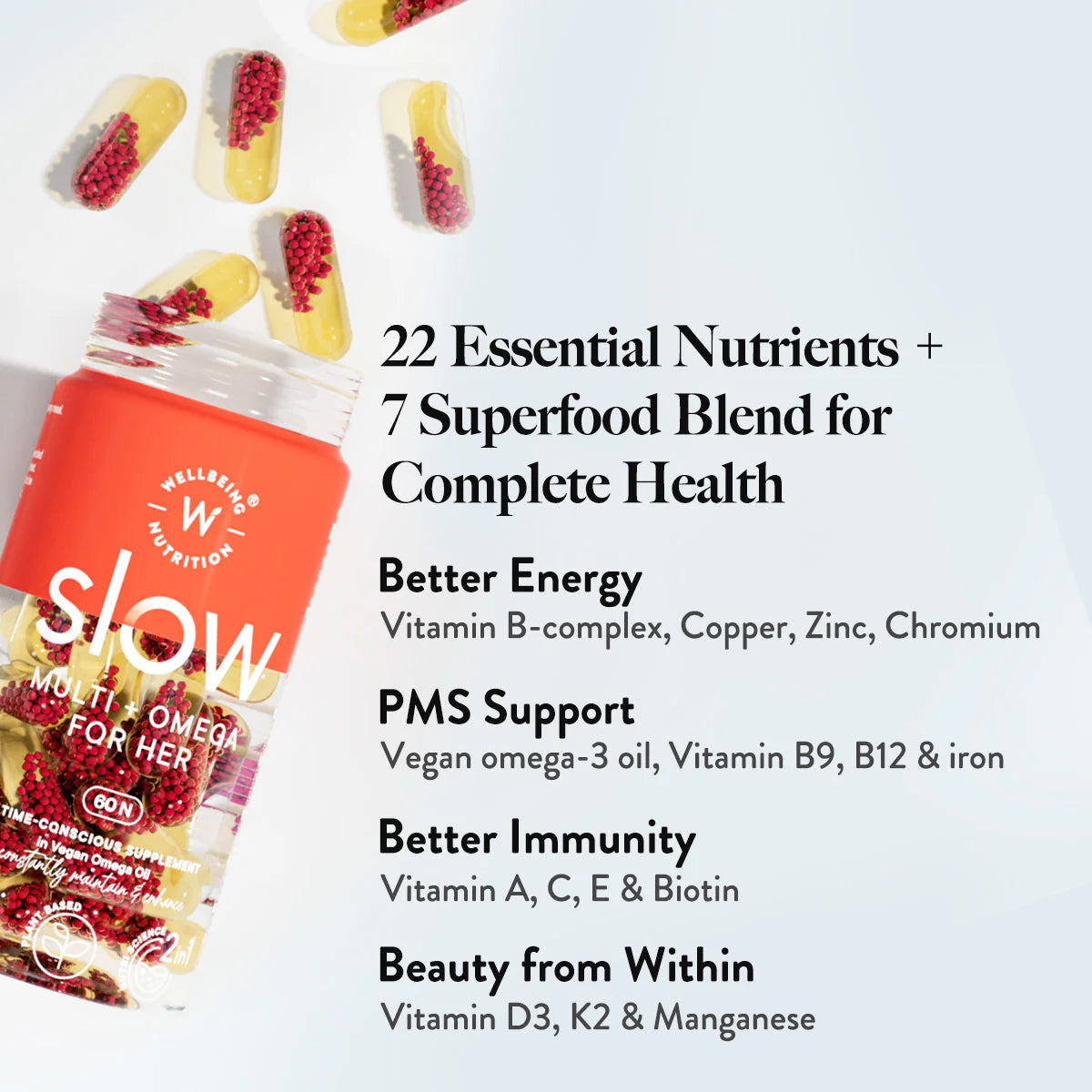 Wellbeing Nutrition Multi + Omega for Her Slow – 22 Essential Nutrients with Vegan Omega-3 & Antioxidants | Hormonal Balance, Energy, Immunity & Skin Health Support | 60 Capsules