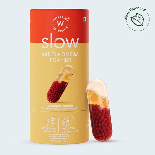 Wellbeing Nutrition Multi + Omega for Her Slow – 22 Essential Nutrients with Vegan Omega-3 & Antioxidants | Hormonal Balance, Energy, Immunity & Skin Health Support | 60 Capsules